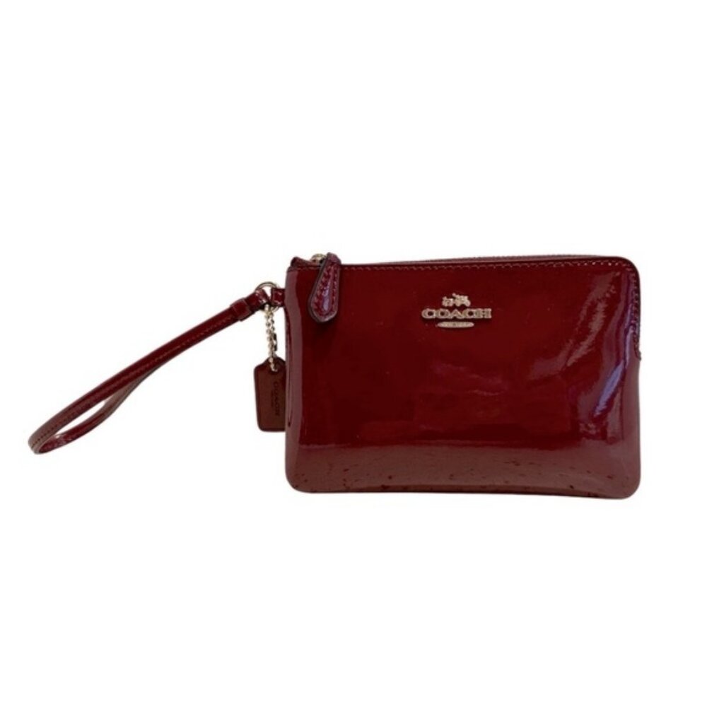 COACH New York Patent Leather Wristlet Clutch Zip Bag in‎ Bordeaux Red